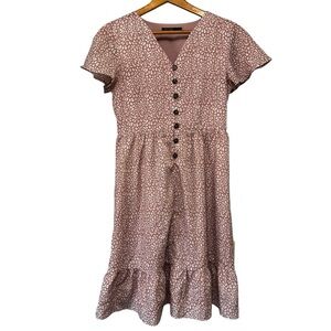 MIKAROSE Tan Cream Cheetah Print Button Front Midi Tiered Dress Sz Small